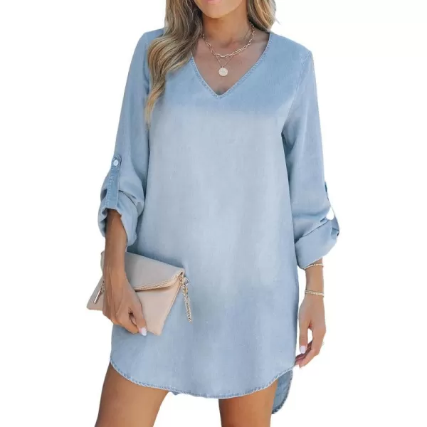 imageCUPSHE Womens Long Sleeve Denim Shirt Dress Casual V Neck Roll Tab Cotton Jean DressLight Blue