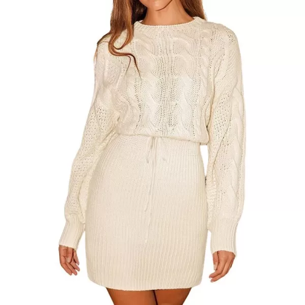 imageCUPSHE Womens Long Sleeve Drawstring Sweater Dress Fall Winter Pullover Sweater Bodycon Mini DressCream White