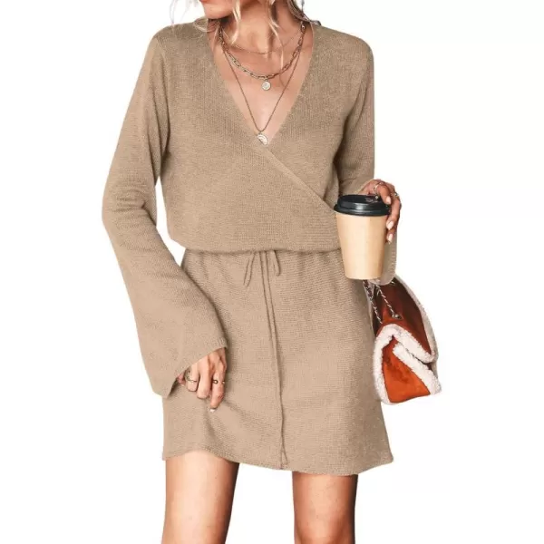 imageCUPSHE Womens Long Sleeve Drawstring Sweater Dress Solid Black Fall Winter Casual Lace Crochet Pullover SweaterKhaki