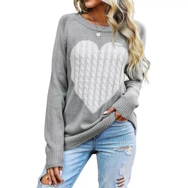 imageCUPSHE Womens Long Sleeve Pullover Sweater Heart Print Round Neck Fall Winter Casual Ribbed SweaterGrey