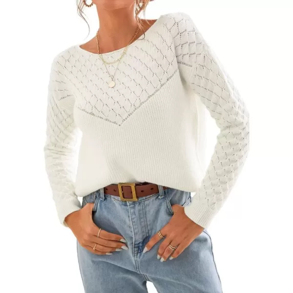 imageCUPSHE Womens Long Sleeve Pullover Sweater Solid Fall Winter Casual Cutout Crochet SweaterWhite