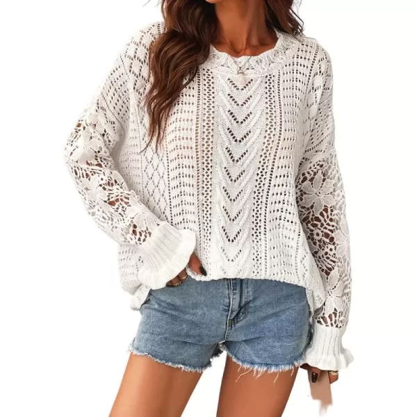 imageCUPSHE Womens Long Sleeve Solid Fall Winter Casual Knit Floral Lace Pullover SweaterWhite