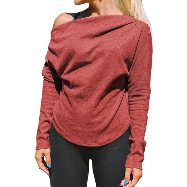 imageCUPSHE Womens Long Sleeve Sweatshirt Minimalist Oblique Neck Casual Pullover Tunic TopsRust Red