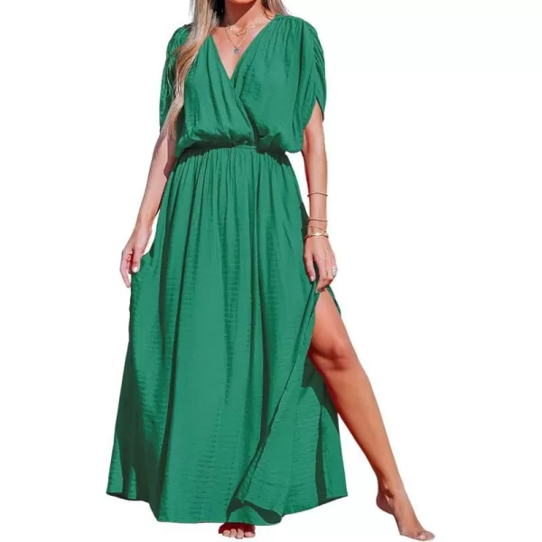 imageCUPSHE Womens Loose V Neck Allyssa Surplice Ruched Dress Formal Dress Short Sleeve Elastic Waist Side Slit Maxi DressGreen