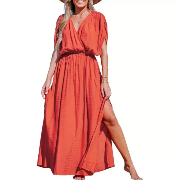 imageCUPSHE Womens Loose V Neck Allyssa Surplice Ruched Dress Formal Dress Short Sleeve Elastic Waist Side Slit Maxi DressOrange