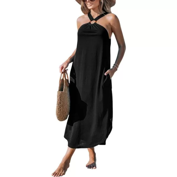 imageCUPSHE Womens Maxi Dress Halter Sleeveless Pockets Knit Long Summer Cover Up DressBlack