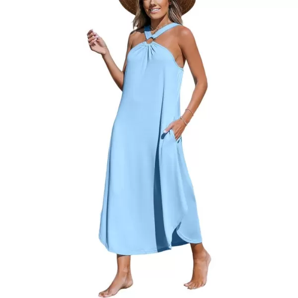 imageCUPSHE Womens Maxi Dress Halter Sleeveless Pockets Knit Long Summer Cover Up DressLight Blue