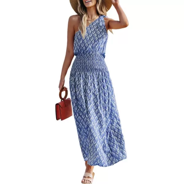 imageCUPSHE Womens Maxi Dress One Shoulder Sleeveless Smocked Floral Printed Self Tie Boho Long Dress Summer DressBlue Floral