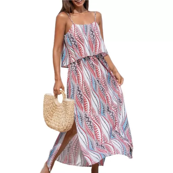 imageCUPSHE Womens Maxi Dress Scoop Neck Ruffled Sleeveless Side Slit Cami Boho Long Dress Casual Summer DressRed Paisley