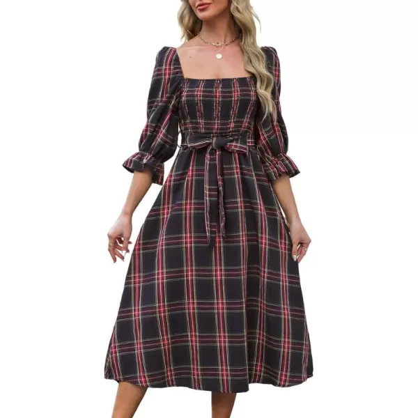 imageCUPSHE Womens Maxi Dress Square Neck Plaid Smocked Belted Ruffled 34 Trumpet Sleeve A Line Long Party DressesNavy Blue