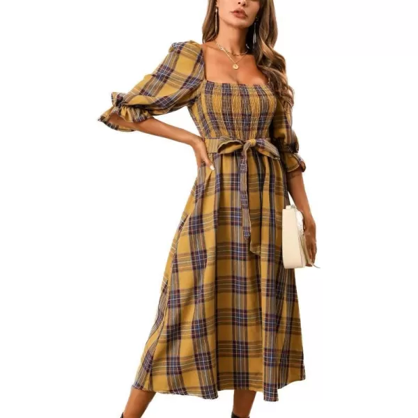 imageCUPSHE Womens Maxi Dress Square Neck Plaid Smocked Belted Ruffled 34 Trumpet Sleeve A Line Long Party DressesYellow