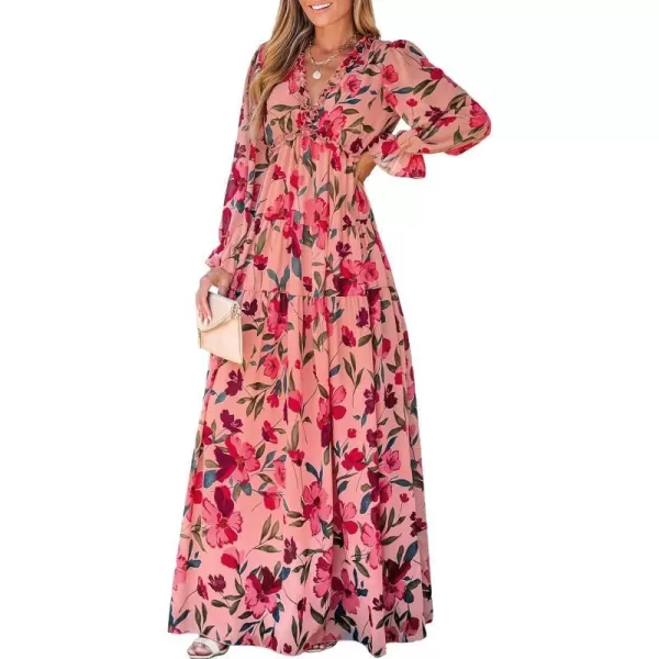 imageCUPSHE Womens Maxi Dress V Neck Floral Print Ruffled Long Sleeve A Line Flounce Hem Chiffon Casual DressPink Floral