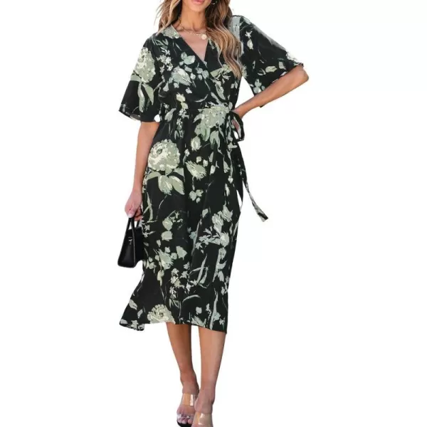 imageCUPSHE Womens Maxi Dress V Neck Floral Print Short Sleeve Belted Long A Line Casual Loose DressBlack Floral