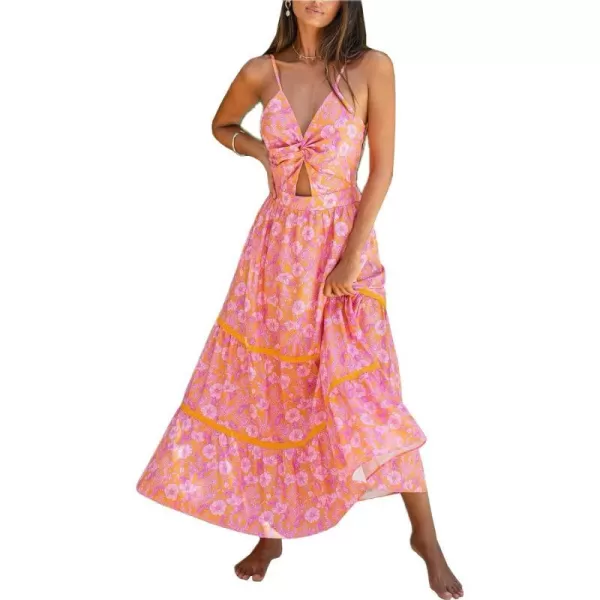 imageCUPSHE Womens Maxi Dress V Neck Twisted Sleeveless Cutout Self Tie Long Dress Summer Formal DressPink Floral