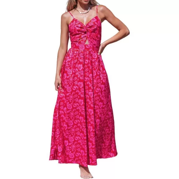imageCUPSHE Womens Maxi Dress V Neck Twisted Sleeveless Cutout Self Tie Long Dress Summer Formal DressRed Floral