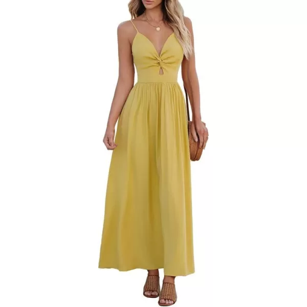 imageCUPSHE Womens Maxi Dress V Neck Twisted Sleeveless Cutout Self Tie Long Dress Summer Formal DressYellow