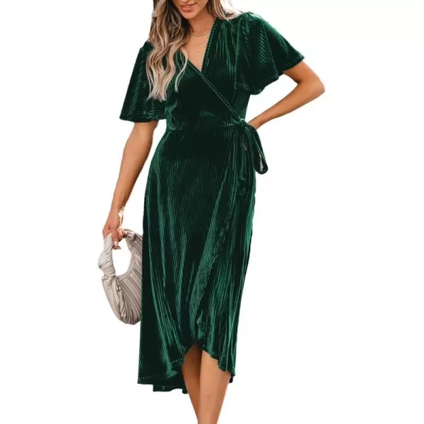 imageCUPSHE Womens Midi Dress Emerald V Neck Belted Short Sleeve Ribbed Knit Flowy Party Cocktail DressesGreen