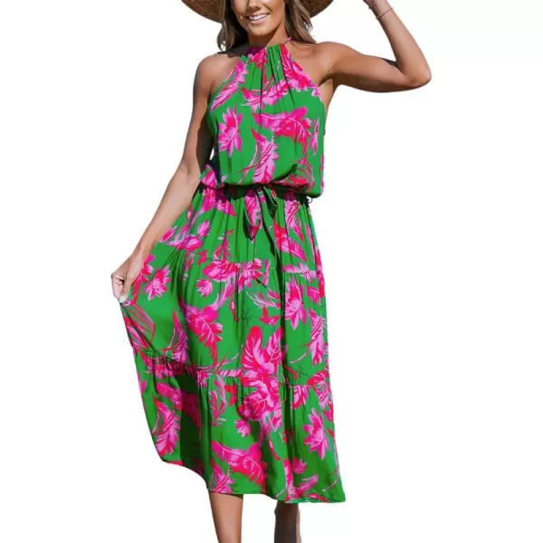 imageCUPSHE Womens Midi Dress Halter Floral Sleeveless Belted Ruffled A Line Casual Summer DressGreen Floral