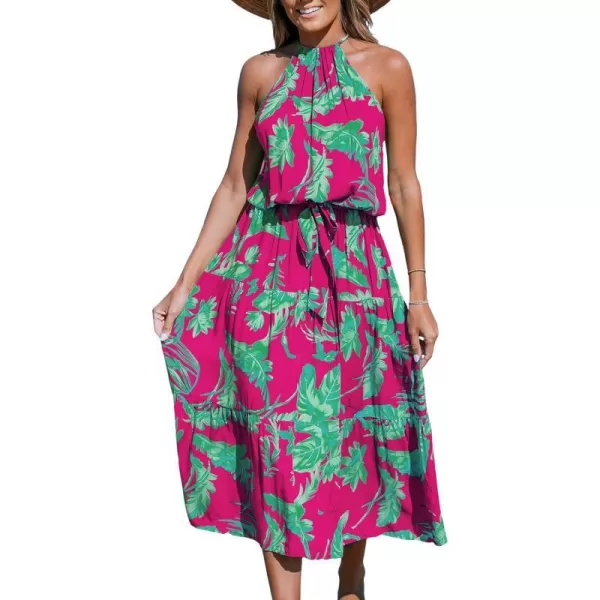 imageCUPSHE Womens Midi Dress Halter Floral Sleeveless Belted Ruffled A Line Casual Summer DressPink Floral