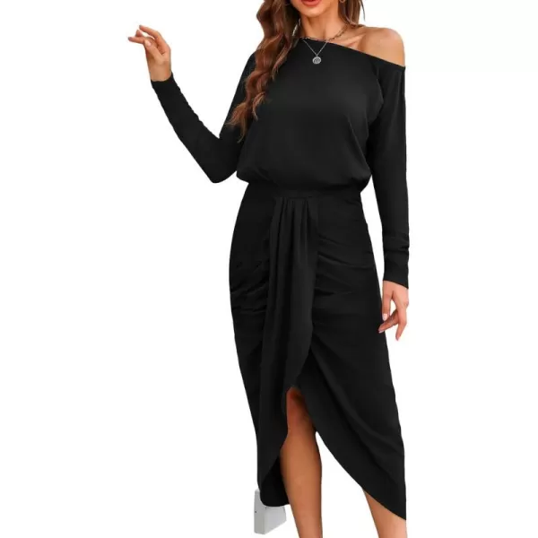 imageCUPSHE Womens Midi Dress One Shoulder Ruched Fitted Long Sleeve Tulip Hem Knitted Casual DressesBlack