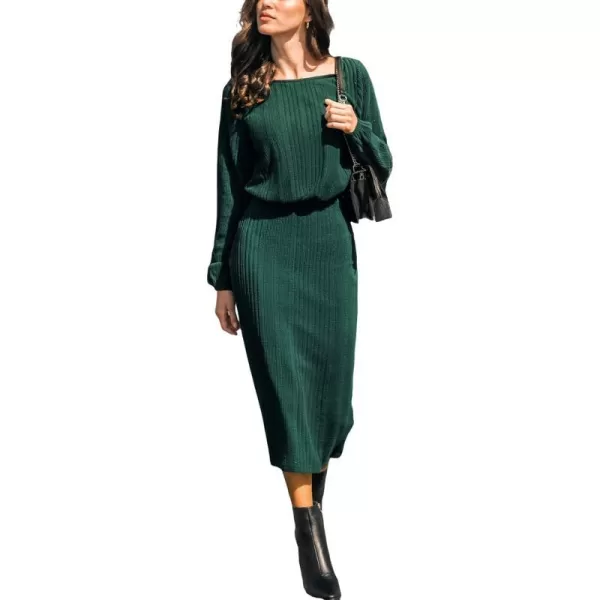 imageCUPSHE Womens Midi Dress Scoop Neck Long Sleeve Emerald Green Fitted Knitted Casual DressesGreen