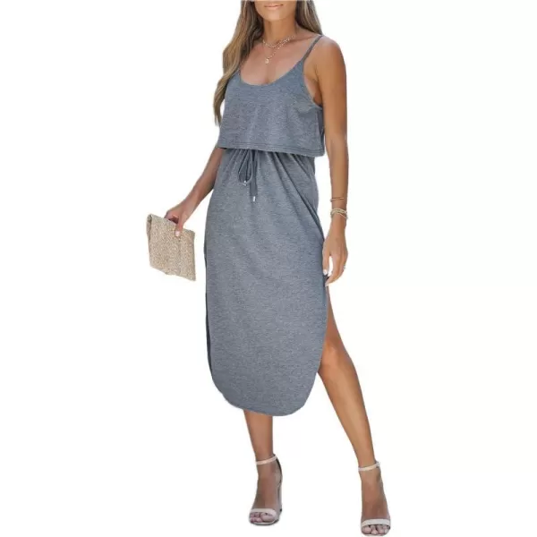imageCUPSHE Womens Midi Dress Scoop Neck Ruffled Sleeveless Slit Drawstring Spaghetti Straps A Line Casual DressGrey