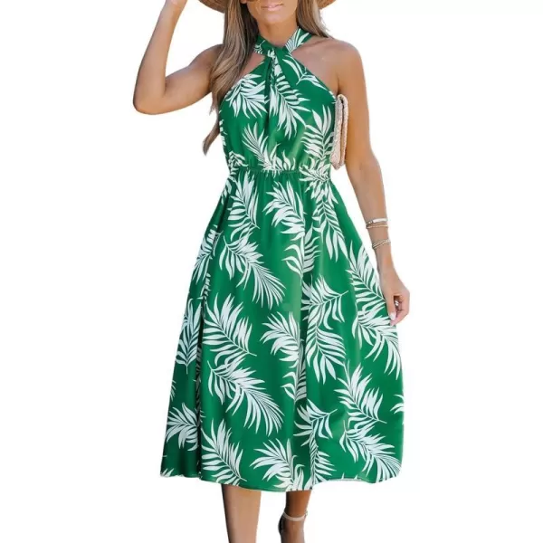 imageCUPSHE Womens Midi Dress Tropical Leaf Print Knotted Halter Long Dress Elastic Formal DressGreen Floral
