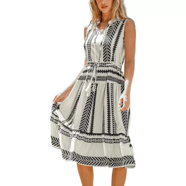 imageCUPSHE Womens Midi Dress V Neck Sleeveless Self Tie Waist Ruffled Striped Tassel Summer Casual DressBlack Striped