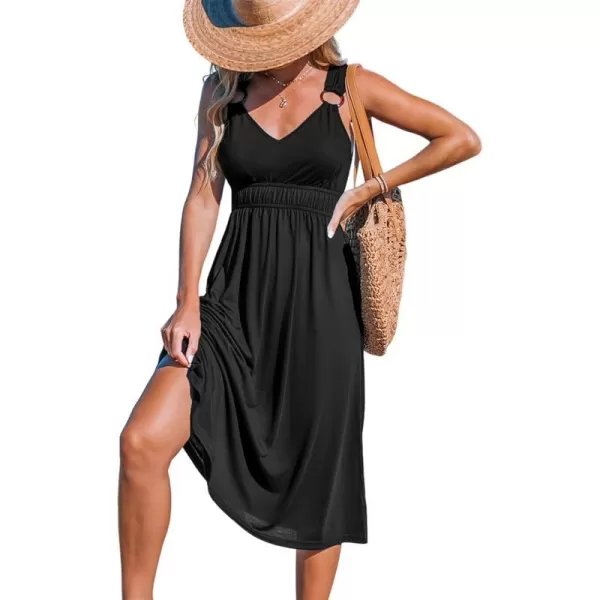 imageCUPSHE Womens Midi Dress V Neck Wide Straps Sleeveless Ruched Waist Knit A Line Long Summer DressBlack