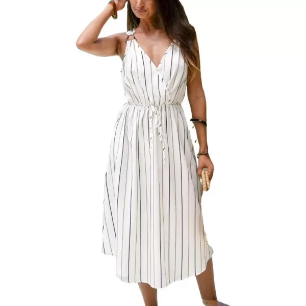 imageCUPSHE Womens Midi Dress VNeckline Sleeveless Vertical Striped Waist Tie Dress Casual Summer DressWhite