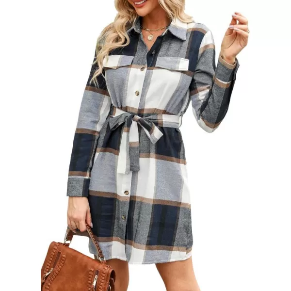 imageCUPSHE Womens Mini Dress Belted Plaid ButtonFront Casual Long Sleeve Short A Line DressNavy Plaid