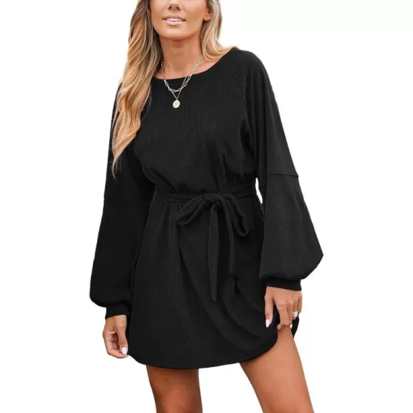 imageCUPSHE Womens Mini Dress Boat Neck Belted Long Sleeve Ribbed Knit A Line Short Casual DressesBlack