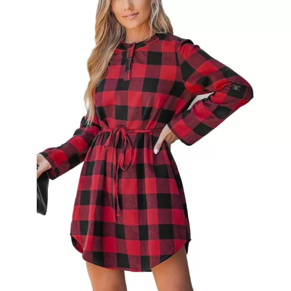 imageCUPSHE Womens Mini Dress Button Front Plaid Round Neck Long Sleeve Belted Dolphin Hem A Line Short Casual DressesRed Plaid