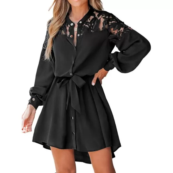 imageCUPSHE Womens Mini Dress Button Front Sheer Neck Lace Appliques Belted Long Sleeve Dolphin Hem Casual A Line DressBlack