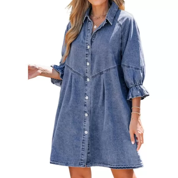 imageCUPSHE Womens Mini Dress ButtonFront Ruffled 34 Trumpet Sleeves Seam Fitted Casual A Line Denim DressesBlue