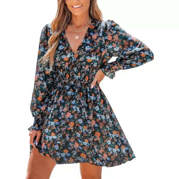 imageCUPSHE Womens Mini Dress Floral Print V Neck Smocked High Waist A Line Ruffled Long Sleeve Chiffon Casual DressBlack Floral