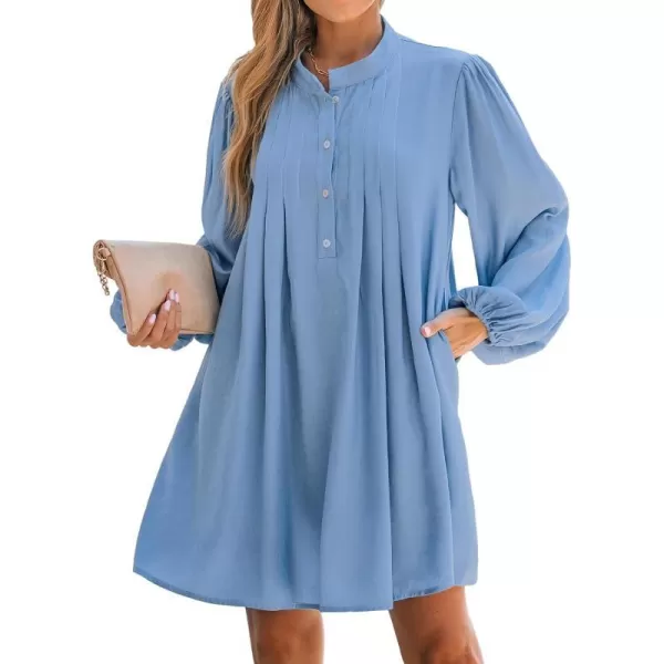 imageCUPSHE Womens Mini Dress High Neck Pleated HalfButton Long Peasant Sleeves A Line Short Casual Dresses with PocketsBlue