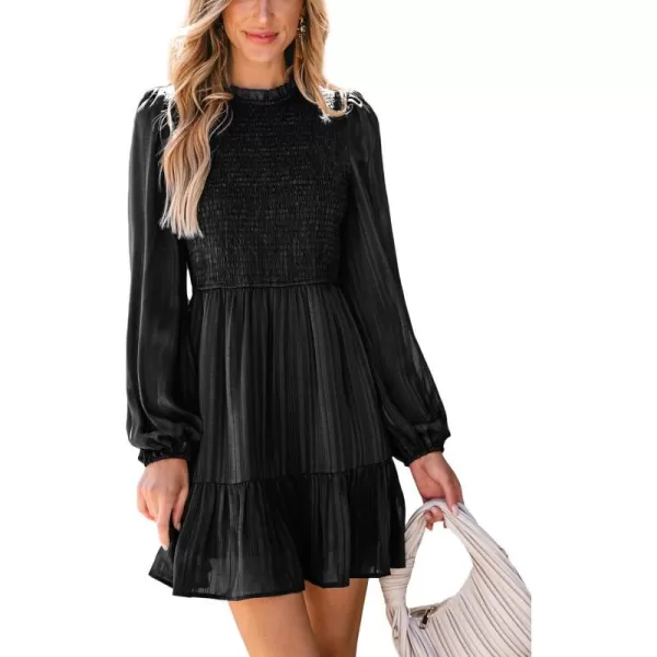 imageCUPSHE Womens Mini Dress Mock Neck Smocked Long Bishop Sleeves Tiered Ruffled Hem Woven A Line Short Cocktail DressesBlack