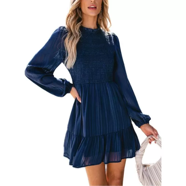 imageCUPSHE Womens Mini Dress Mock Neck Smocked Long Bishop Sleeves Tiered Ruffled Hem Woven A Line Short Cocktail DressesNavy Blue