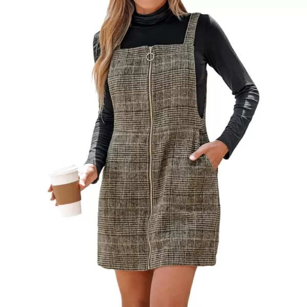 imageCUPSHE Womens Mini Dress Plaid ORing Zip Wide Straps Sleeveless Fitted Casual A Line Overalls Dresses with PocketsBrown