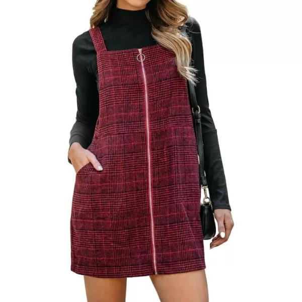 imageCUPSHE Womens Mini Dress Plaid ORing Zip Wide Straps Sleeveless Fitted Casual A Line Overalls Dresses with PocketsRed Plaid
