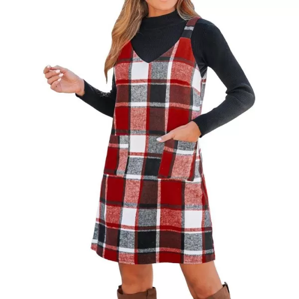 imageCUPSHE Womens Mini Dress Plaid V Neck Sleeveless Wide Straps Pinafore Casual A Line Overalls Dress with PocketsRed Plaid