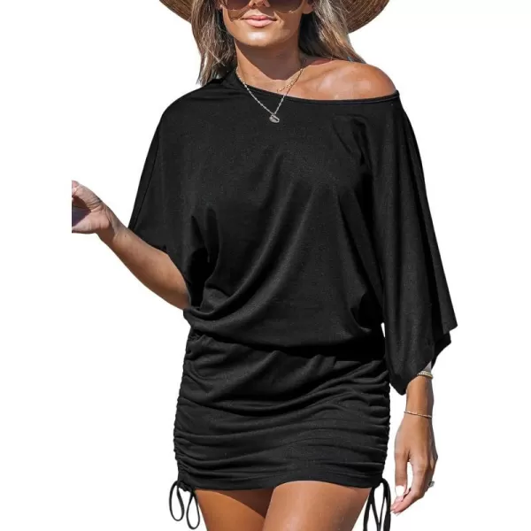 imageCUPSHE Womens Mini Dress Round Neck Long Dolman Sleeve Side Drawstring Ruched Bodycon Jersey Short Casual Summer DressBlack