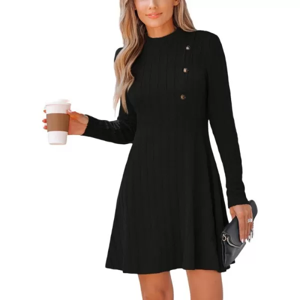 imageCUPSHE Womens Mini Dress Round Neck Long Sleeve Textured Button Design Knitted A Line Short Casual DressesBlack