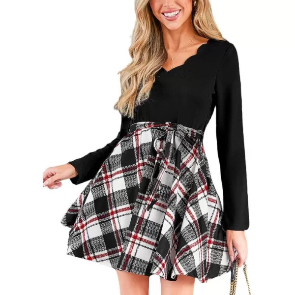 imageCUPSHE Womens Mini Dress Scallop V Neck Plaid Long Sleeve Belted Short A Line Gingham Dress Black PlaidBlack Plaid