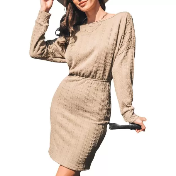 imageCUPSHE Womens Mini Dress Scoop Neck Fitted Long Drop Sleeve Knitted Casual DressesSand