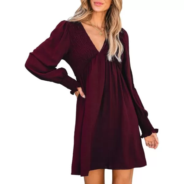imageCUPSHE Womens Mini Dress Smocked V Neck Long Sleeve Empire Waist Casual A Line DressBurgundy