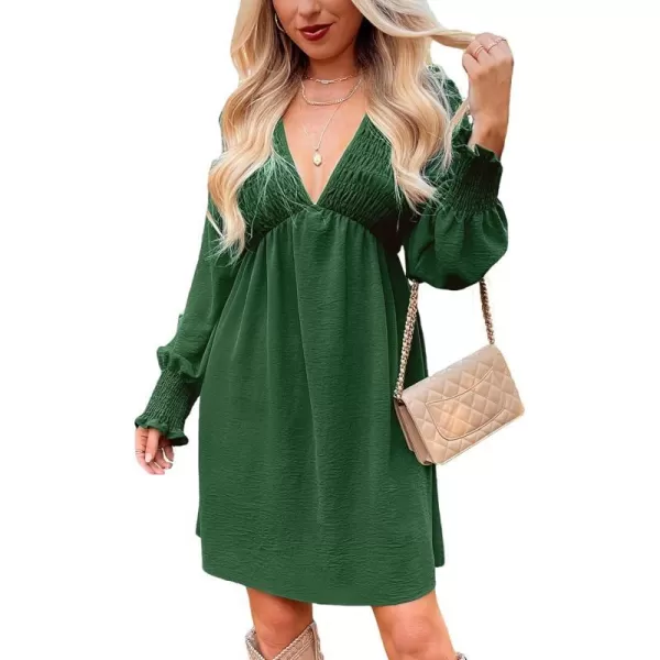 imageCUPSHE Womens Mini Dress Smocked V Neck Long Sleeve Empire Waist Casual A Line DressGreen
