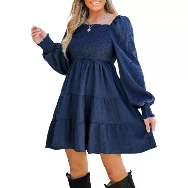 imageCUPSHE Womens Mini Dress Square Neck Smocked Long Sleeve Tiered Ruffled Short Dresses Navy BlueNavy Blue