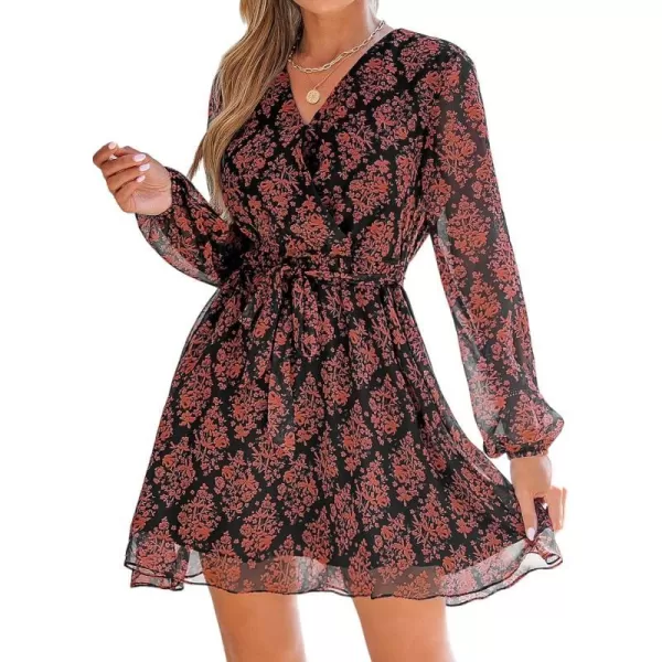 imageCUPSHE Womens Mini Dress Surplice V Neck Floral Print Belted Sheer Long Sleeve A Line Short Casual DressesBlack Floral